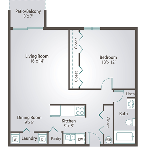 Floor plan for 1 bed, 1 bath, 776 sqft